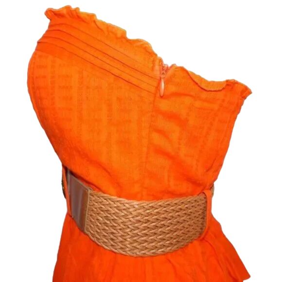 new 2B BEBE Mini Dress, S, Orange, Belt, Strapless, Ruffle/Tier Skirt, Side Zip - Picture 9 of 15